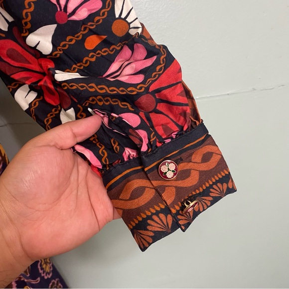 FARM Rio Miranda Long Sleeve Floral Faux Wrap Midi Dress Button Front M Chemise - Picture 11 of 11